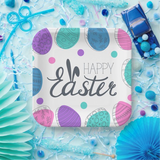 Happy Oaster Colorful Modern Eggs Typografie Pappteller (Party)