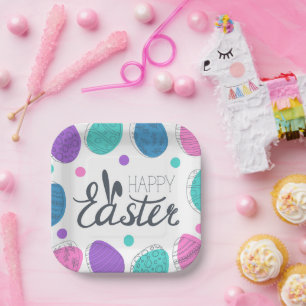 Happy Oaster Colorful Modern Eggs Typografie Pappteller