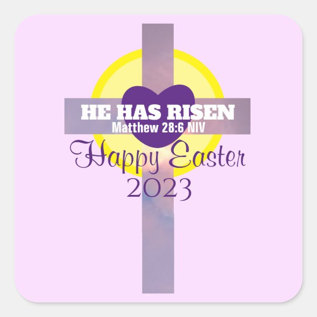 Happy Oaster Cross Bible Verse Custom Year Lila Quadratischer Aufkleber (Vorderseite)