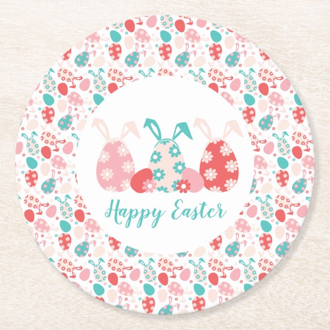 Happy Oaster Decorated Eggs Bunny Oars Runder Pappuntersetzer (Vorderseite)