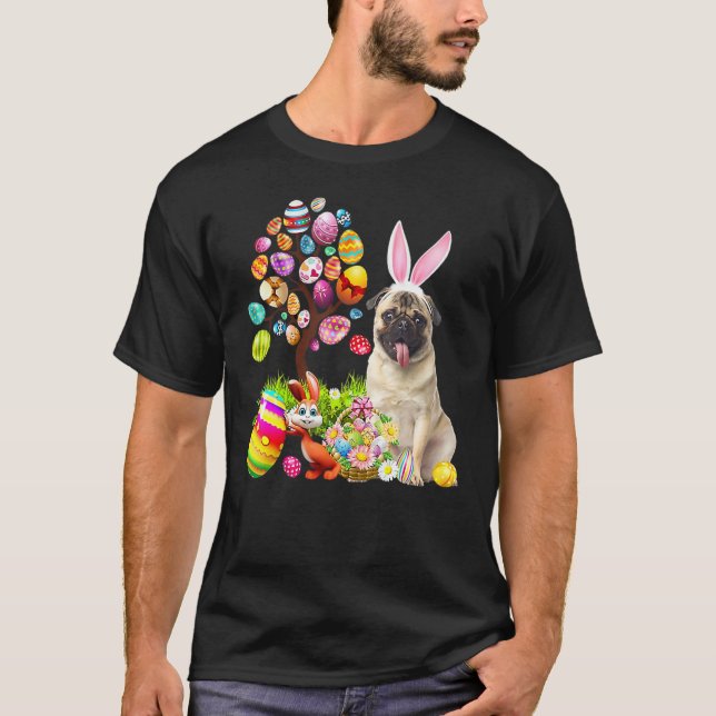 Happy Oaster Eggs Tree Bunny Fawn Mops Hund T-Shirt (Vorderseite)