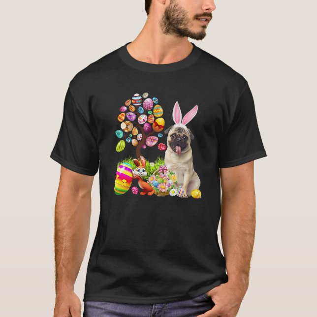Happy Oaster Eggs Tree Bunny Fawn Mops Hund T-Shirt (Vorderseite)