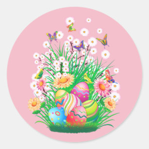 Happy Oaster Eggs und Blumendesign Runder Aufkleber