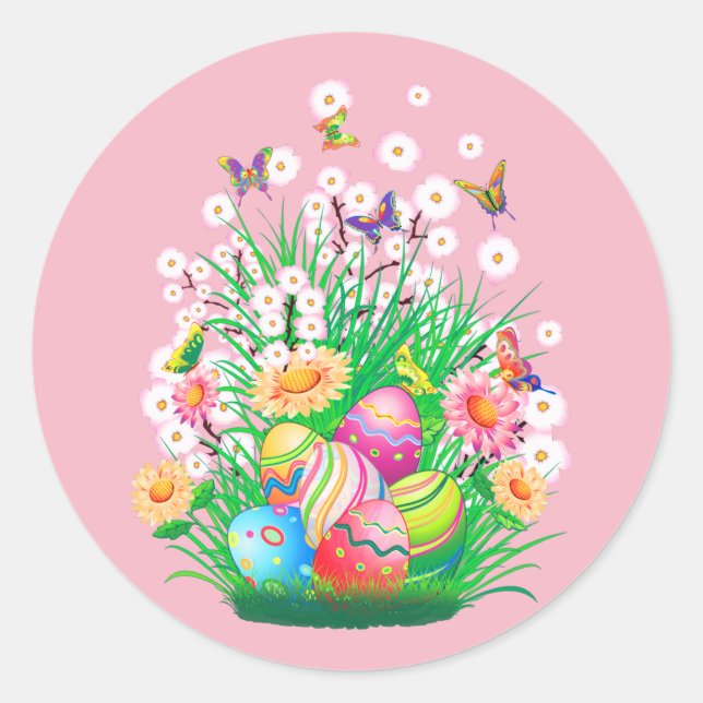 Happy Oaster Eggs und Blumendesign Runder Aufkleber (Vorderseite)