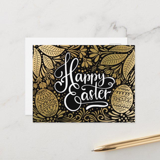 Happy Oaster Elegante Boho Black and Gold Postkarte (Vorderseite/Rückseite Beispiel)