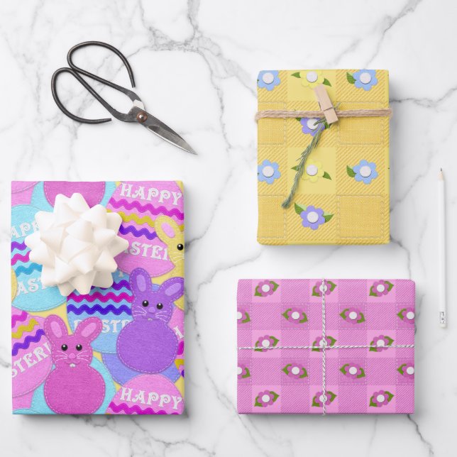Happy Oaster Felt Look Bunnies Eier und Muster Geschenkpapier Set (Vorderseite)