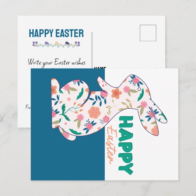 Happy Oaster Floral Bunny Editable Postkarte (Vorne/Hinten)