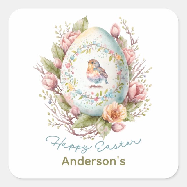 Happy Oaster Floral Easter Ei Personalisiert Platz Quadratischer Aufkleber (Vorderseite)