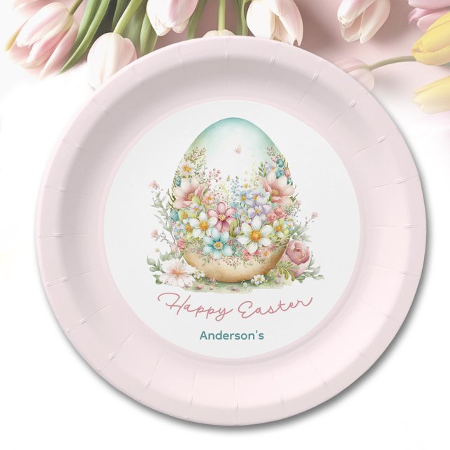 Happy Oaster Floral Ei Pink Personalisierter Name Pappteller (Happy Easter Floral Egg Pink Personalized Name Paper Plates)