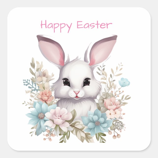 Happy Oaster Floral Ostern Bunny Rabbit Quadratischer Aufkleber (Vorderseite)