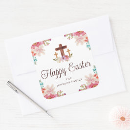 Happy Oaster Floral Watercolor Religious Cross Quadratischer Aufkleber