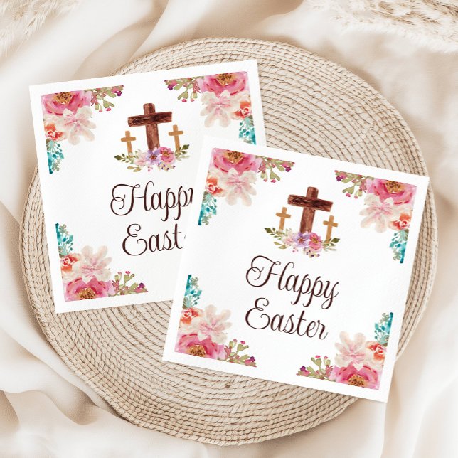 Happy Oaster Floral Watercolor Religious Cross Serviette (Happy Easter Floral Watercolor Religious Cross Napkins)