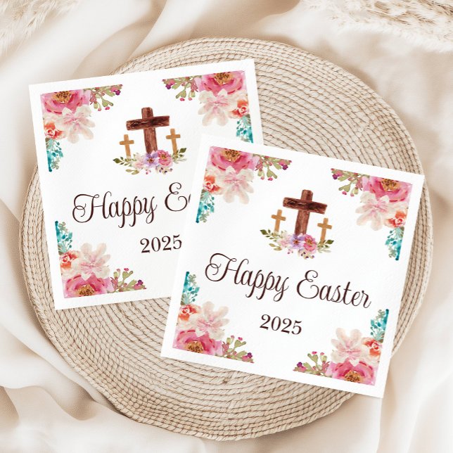 Happy Oaster Floral Watercolor Religious Cross Serviette (Happy Easter Floral Watercolor Religious Cross Napkins)