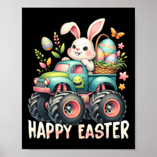 Happy Oaster Funny Construction Trucks Kids Bunny Poster