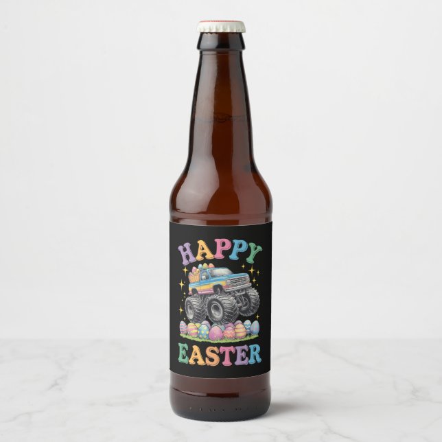 Happy Oaster Funny Monster Truck Crush Eggs Bierflaschenetikett (Vorderseite)