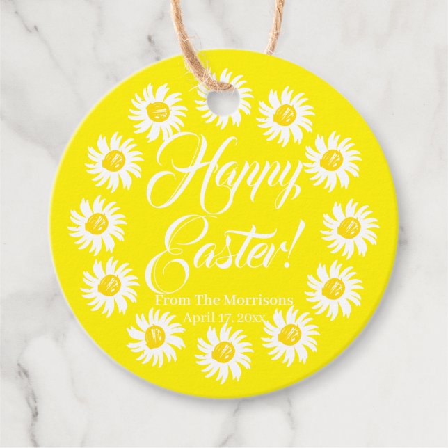 Happy Oaster Gelb daisy benutzerdefinierte Skript  Geschenkanhänger (Vorderseite)