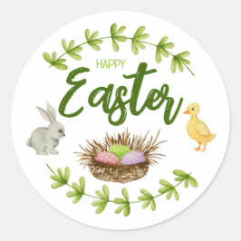 Happy Oaster, Hase, Ente, Eier in Korbaufkleber Runder Aufkleber