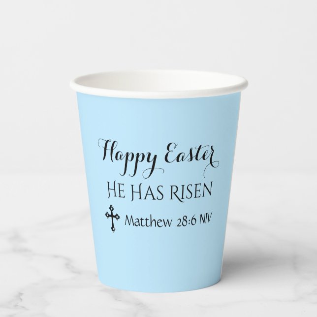 Happy Oaster hat er Risen Bible Verse Light Blue Pappbecher