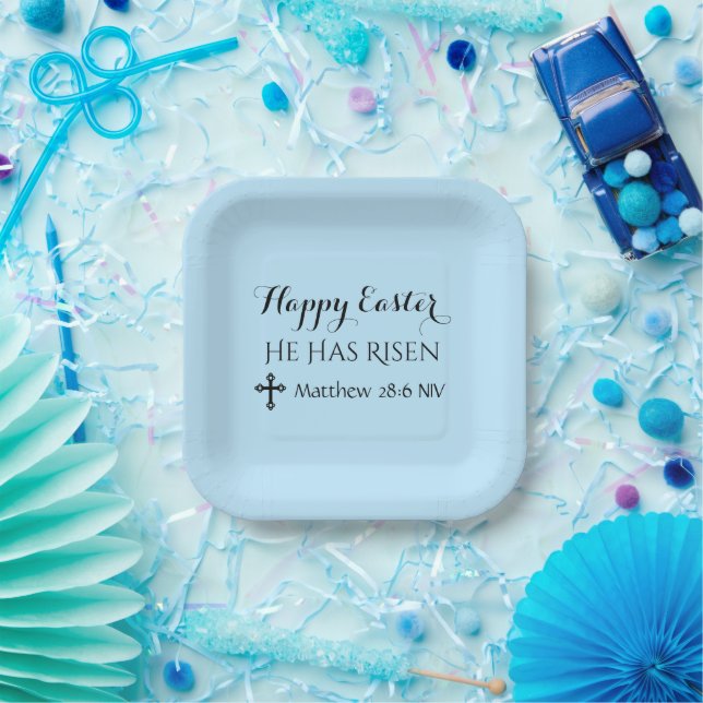 Happy Oaster hat er Risen Bible Verse Light Blue Pappteller (Party)