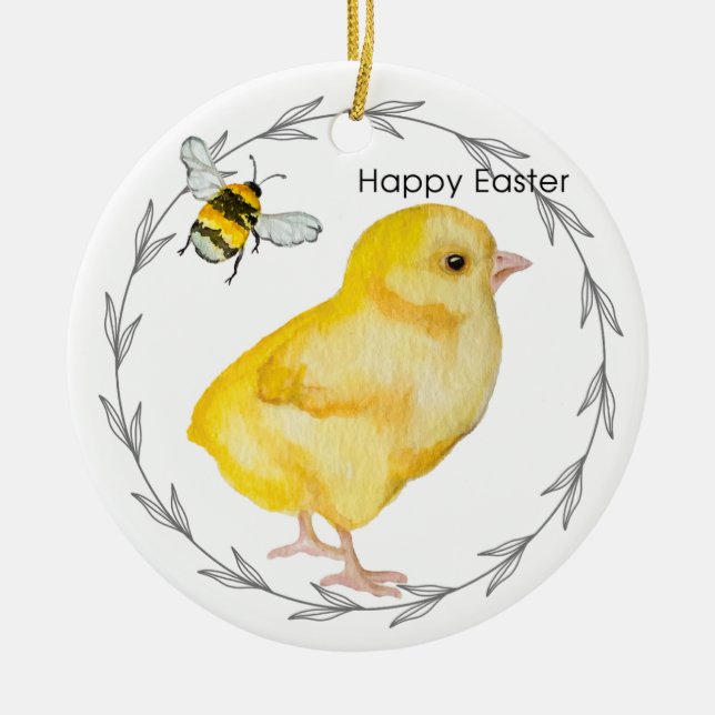 Happy Oaster Huhn und Frühlingsblumen Keramik Ornament (Vorne)