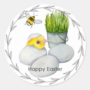 Happy Oaster Huhn und Frühlingsblumen Runder Aufkleber