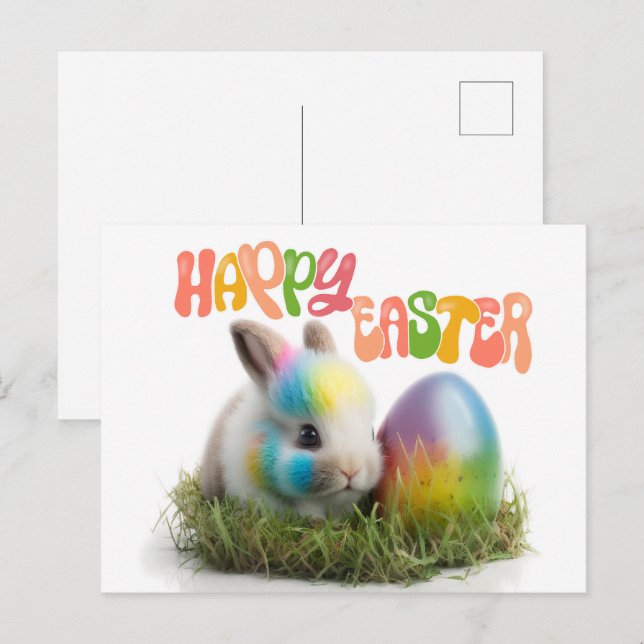 Happy Oaster | Kaninchen mit farbigem Ei Postkarte (Vorne/Hinten)