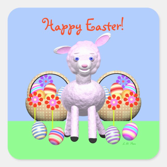 Happy Oaster Lamb mit Ostereiern Quadratischer Aufkleber (Vorderseite)