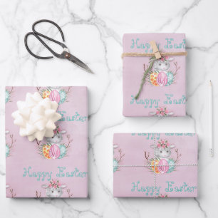 Happy Oaster Lamb und Eier auf rosa Geschenkpapier Set