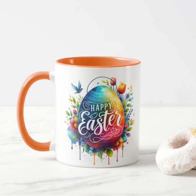 Happy Oaster: Lebhaftes Uferfarbeneier Tasse (Mit Donut)