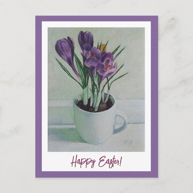 Happy Oaster lila Crocuses Vintage Kunst Postkarte (Vorderseite)
