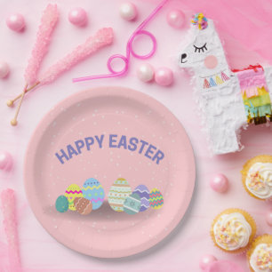 Happy Oaster mit bunten Eiern pink Pappteller