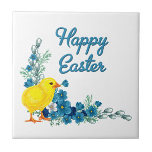 Happy Oaster mit einem Baby Chick Fliese