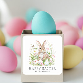Happy Oaster mit Familienname |Niedlich Bunny Quadratischer Aufkleber