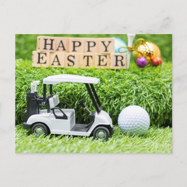 Happy Oaster mit Golfwagen und Ball auf grün  Postkarte (Vorderseite)