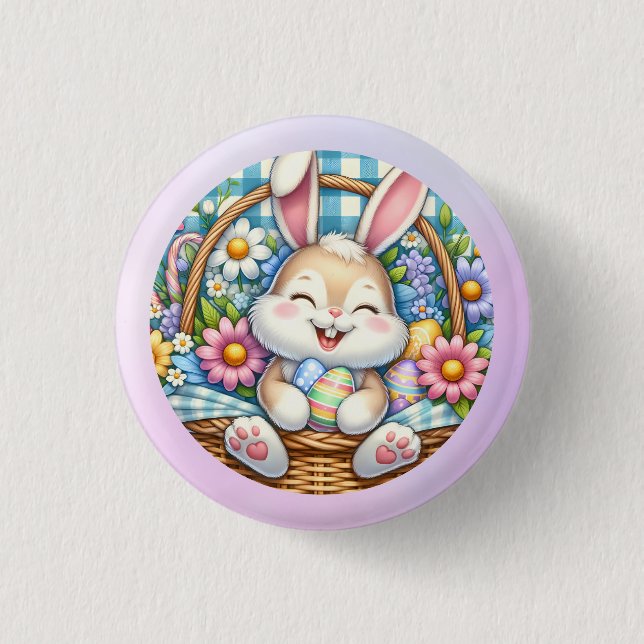 Happy Oaster mit Niedlichem Hasen, Eiern und Blume Button (Vorderseite)