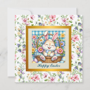 Happy Oaster mit Niedlichem Hasen, Eiern und Blume Einladung