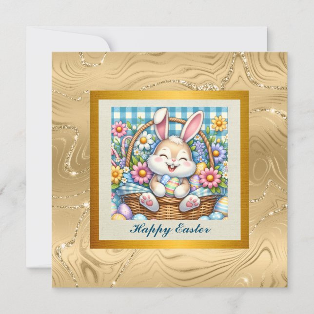 Happy Oaster mit Niedlichem Hasen, Eiern und Blume Einladung (Vorderseite)