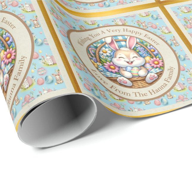 Happy Oaster mit Niedlichem Hasen, Eiern und Blume Geschenkpapier (Rolleneckpunkt)