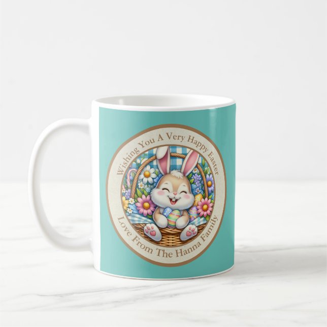 Happy Oaster mit Niedlichem Hasen, Eiern und Blume Kaffeetasse (Links)