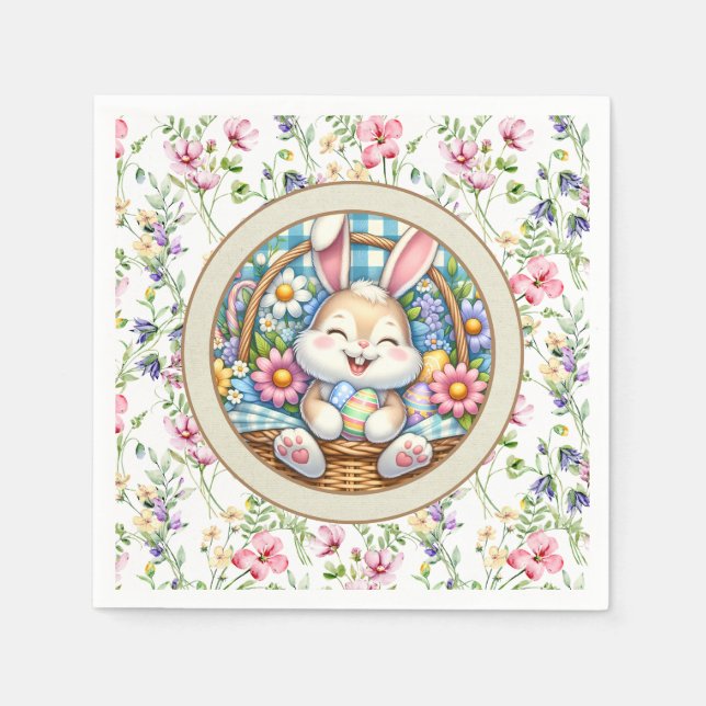 Happy Oaster mit Niedlichem Hasen, Eiern und Blume Serviette (Vorderseite)