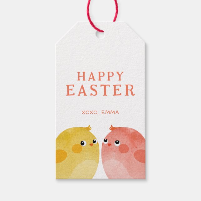 Happy Oaster mit zwei Hühnern in Gelb und Rosa Geschenkanhänger (Vorderseite)