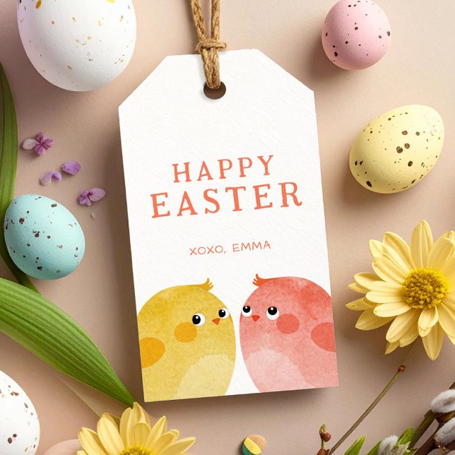 Happy Oaster mit zwei Hühnern in Gelb und Rosa Geschenkanhänger (Von Creator hochgeladen)