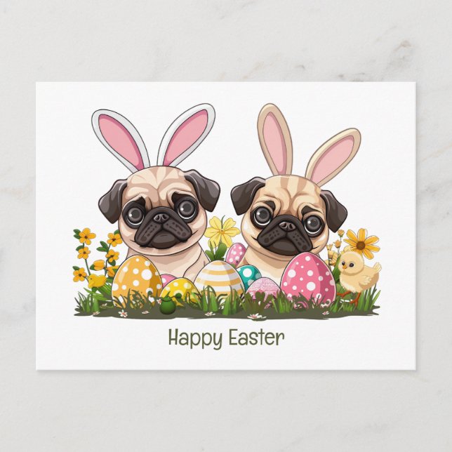 Happy Oaster Mops Hunde Bunny Ears Postkarte (Vorderseite)