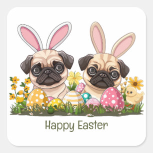 Happy Oaster Mops Hunde Bunny Ears Quadratischer Aufkleber