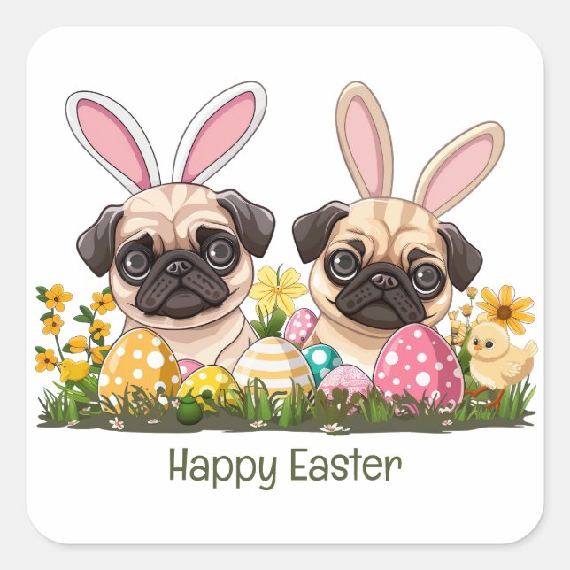 Happy Oaster Mops Hunde Bunny Ears Quadratischer Aufkleber (Vorderseite)