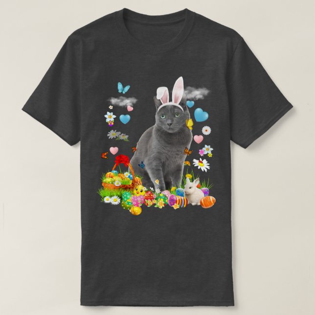 Happy Oaster Niedlich Bunny Cat Russisch Blaues Ei T-Shirt (Design vorne)