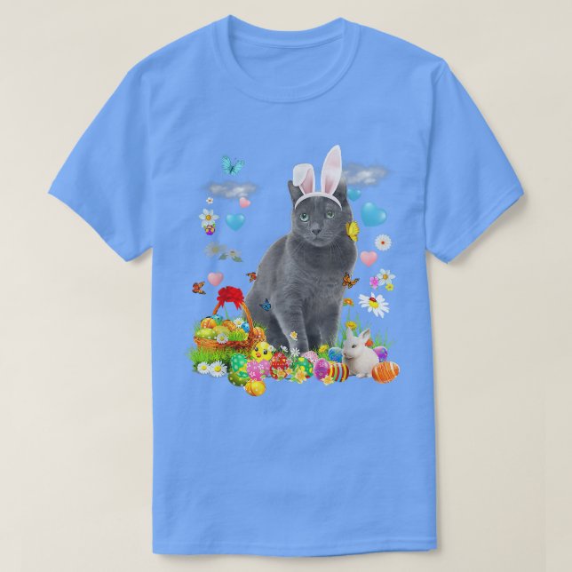 Happy Oaster Niedlich Bunny Cat Russisch Blaues Ei T-Shirt (Design vorne)
