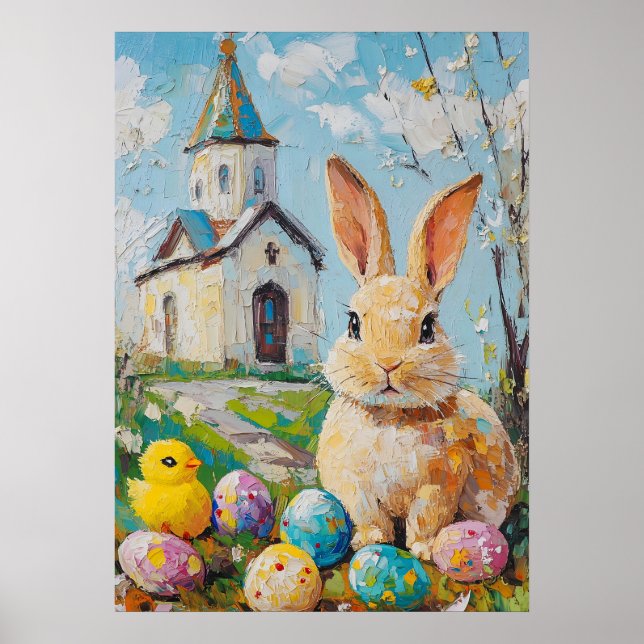 Happy Oaster Niedlich Bunny Chick Malerkirche Poster (Vorne)
