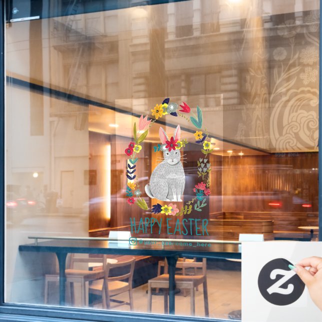 Happy Oaster Niedlich Bunny Floral Fensteraufkleber (Café-Fenster)