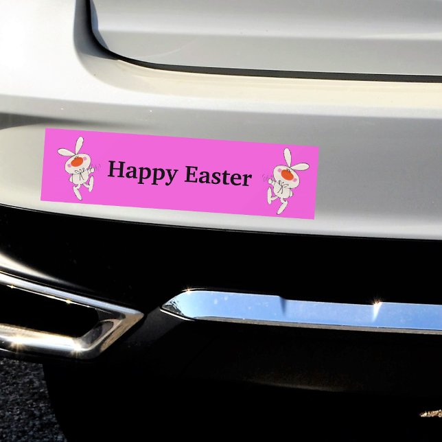 Happy Oaster Niedlich Dancing Rabbit Autoaufkleber (Cute white rabbits orange noses thumbs up sign on vibrant pink Happy Easter bumper sticker.)